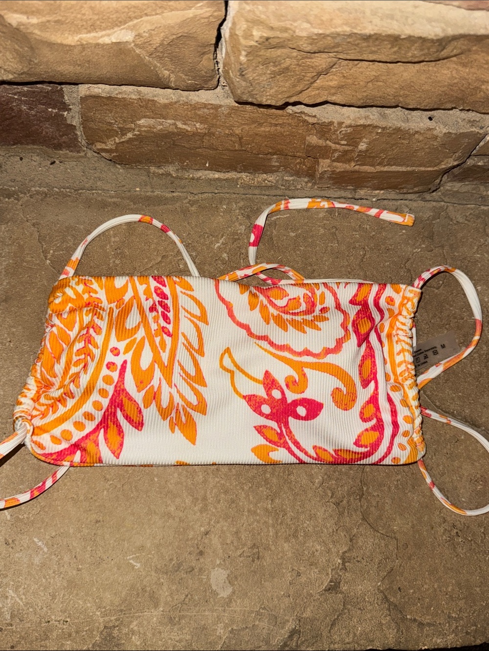 SHEIN White Orange Pink Paisley Bandeau Bikini Top